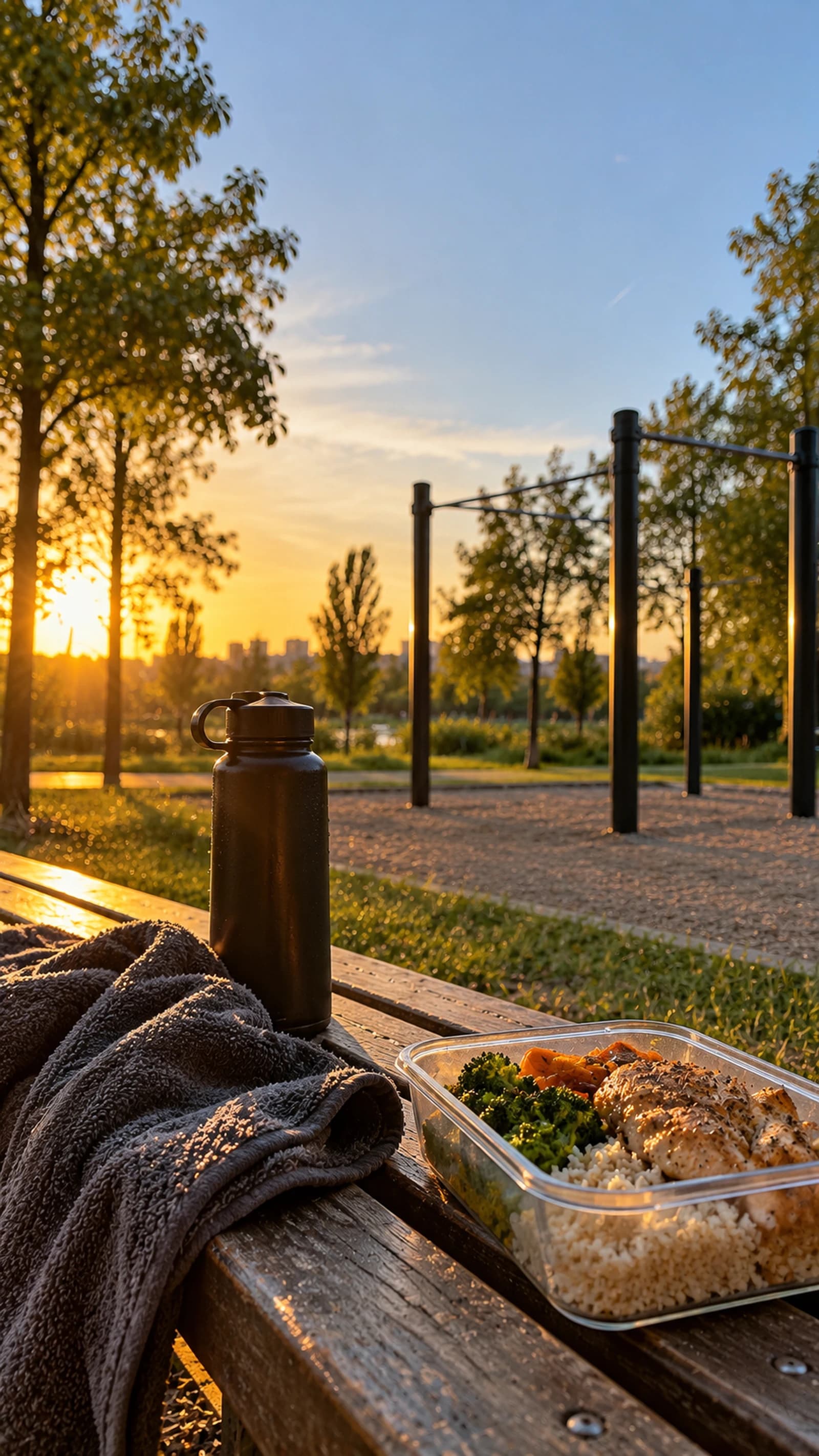 Contenitori di meal prep su una panchina all'aperto