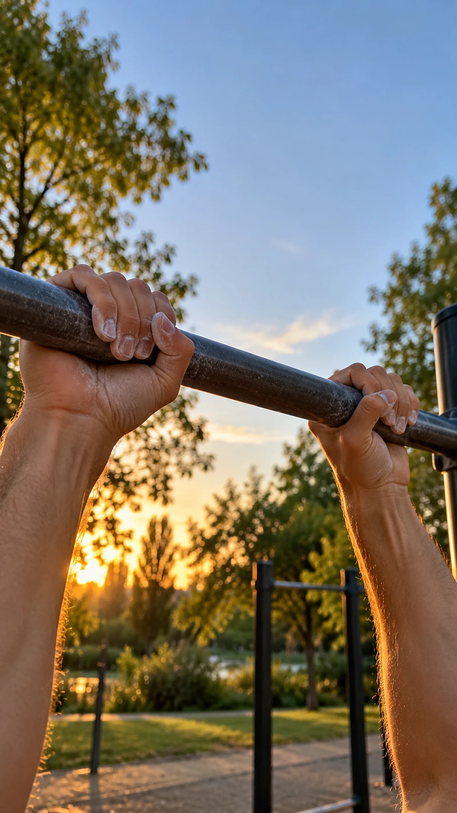 Atleta appeso a una sbarra per trazioni nella luce del tramonto