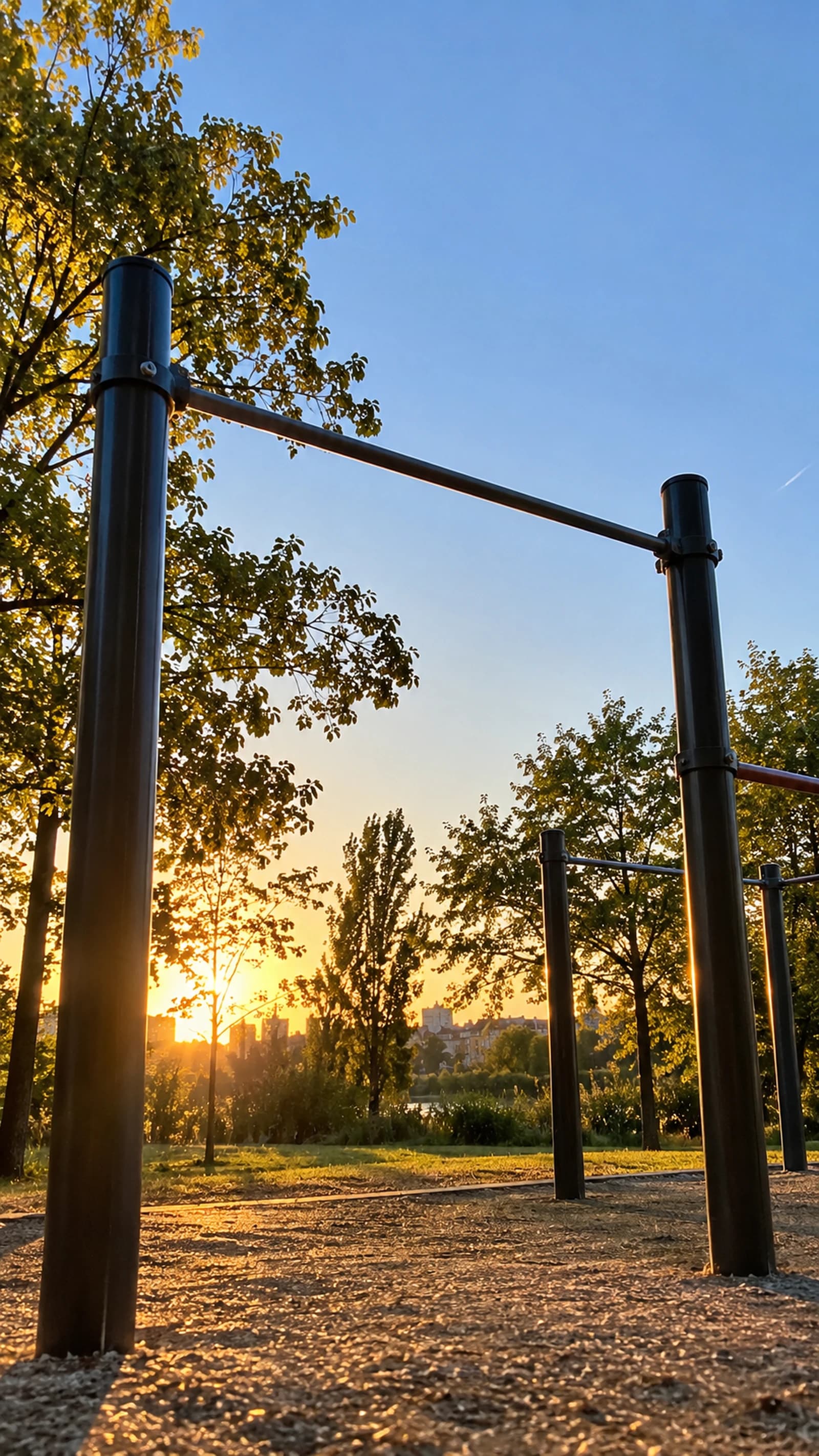 Atleta en una barra de dominadas al atardecer