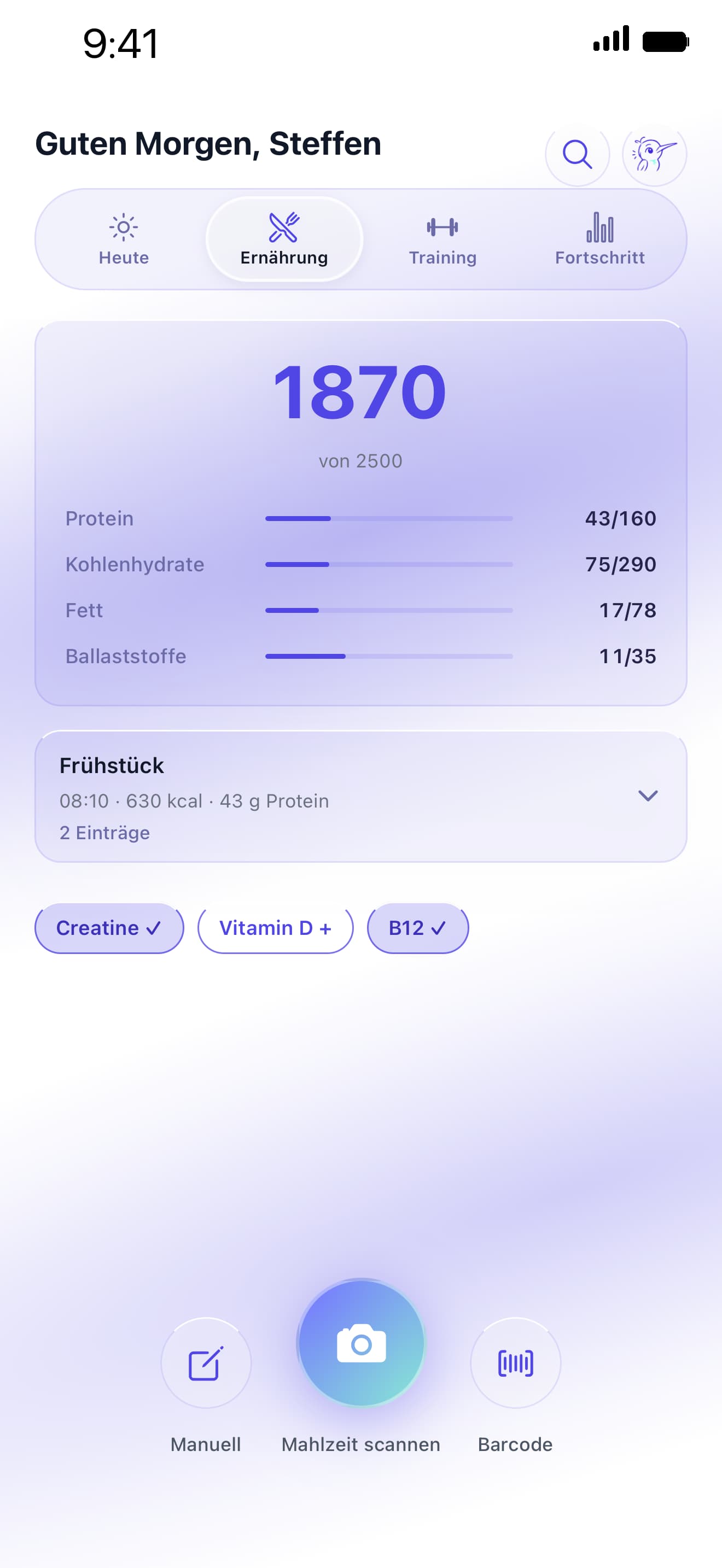 Kolibi-Ernährungsbildschirm mit Makros