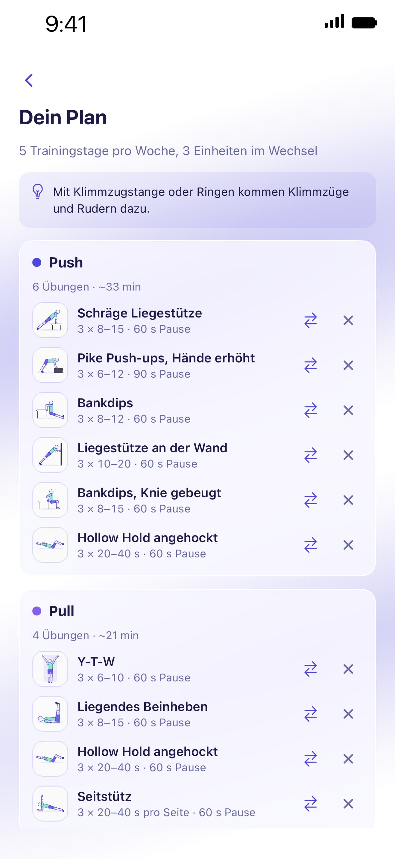 Kolibi-Bildschirm mit dem wöchentlichen Trainingsplan