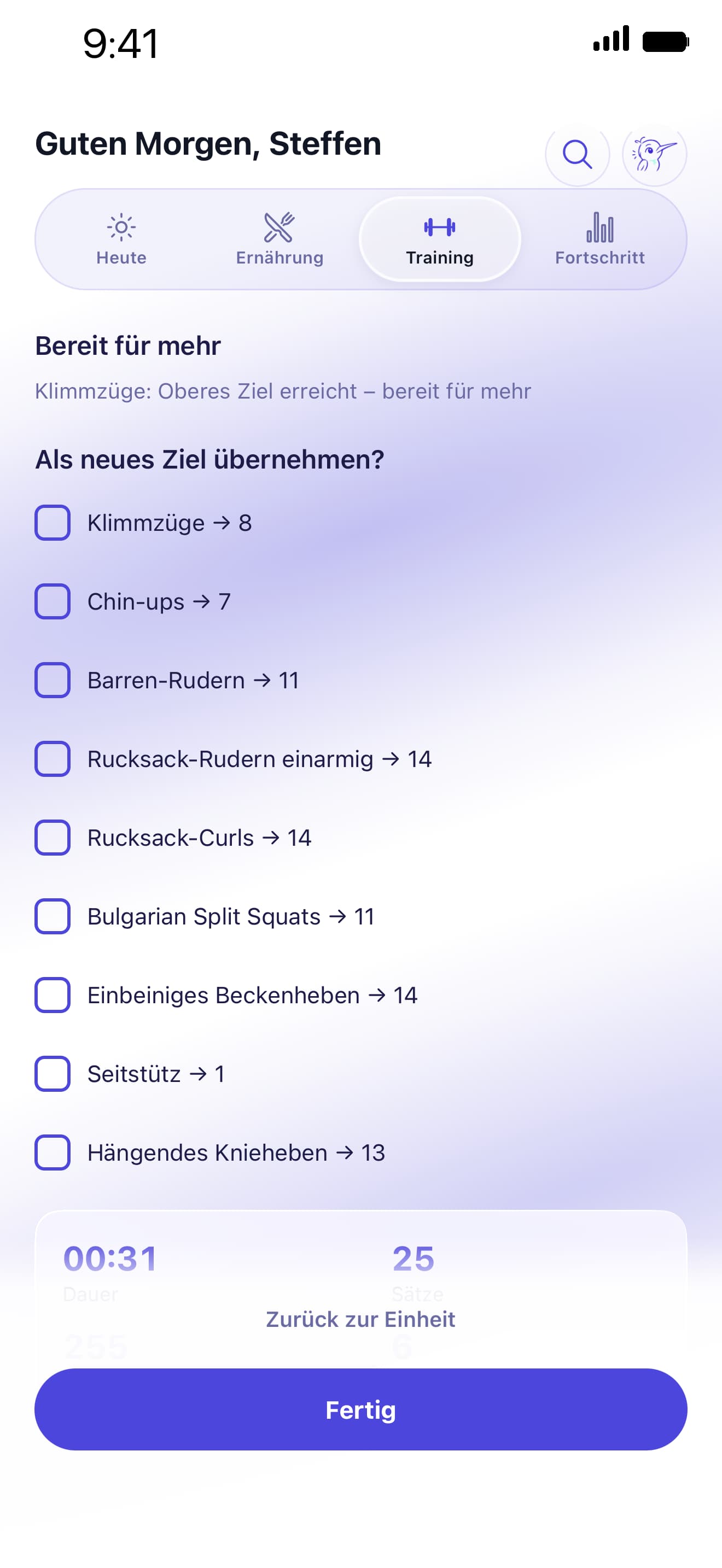 Kolibi-Bildschirm mit Bereitschaft für die nächste Übungsstufe