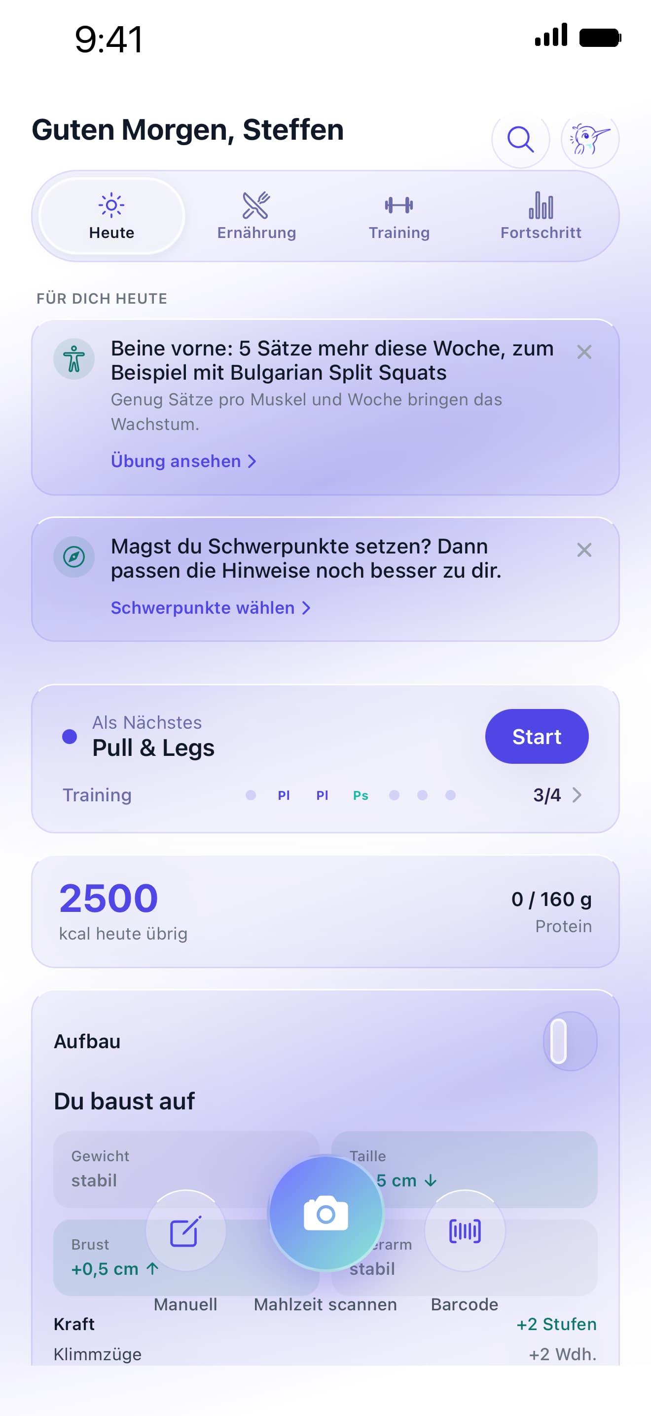 Kolibi-Heute-Ansicht mit Kalorien und den Scan-Buttons