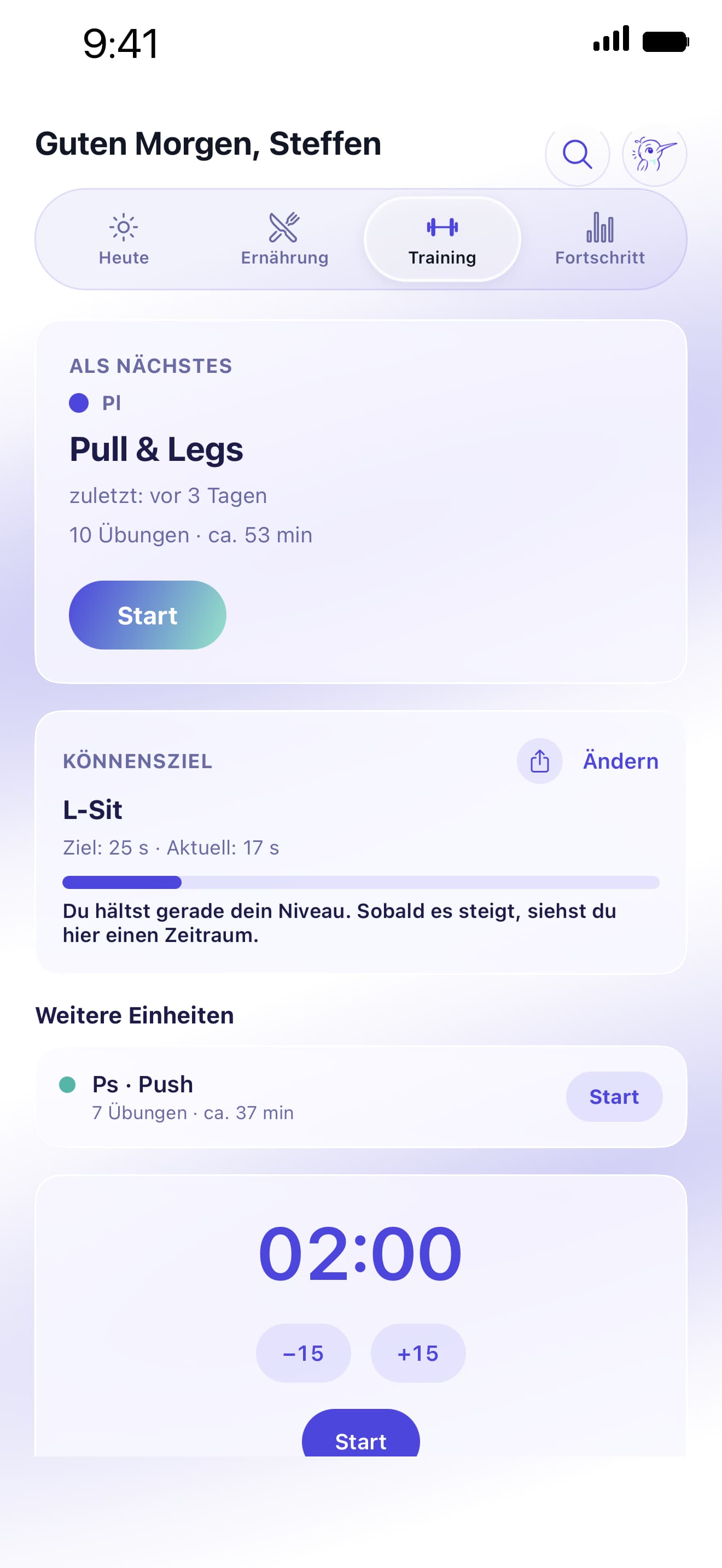 Kolibi-Bildschirm einer aktiven Trainingseinheit