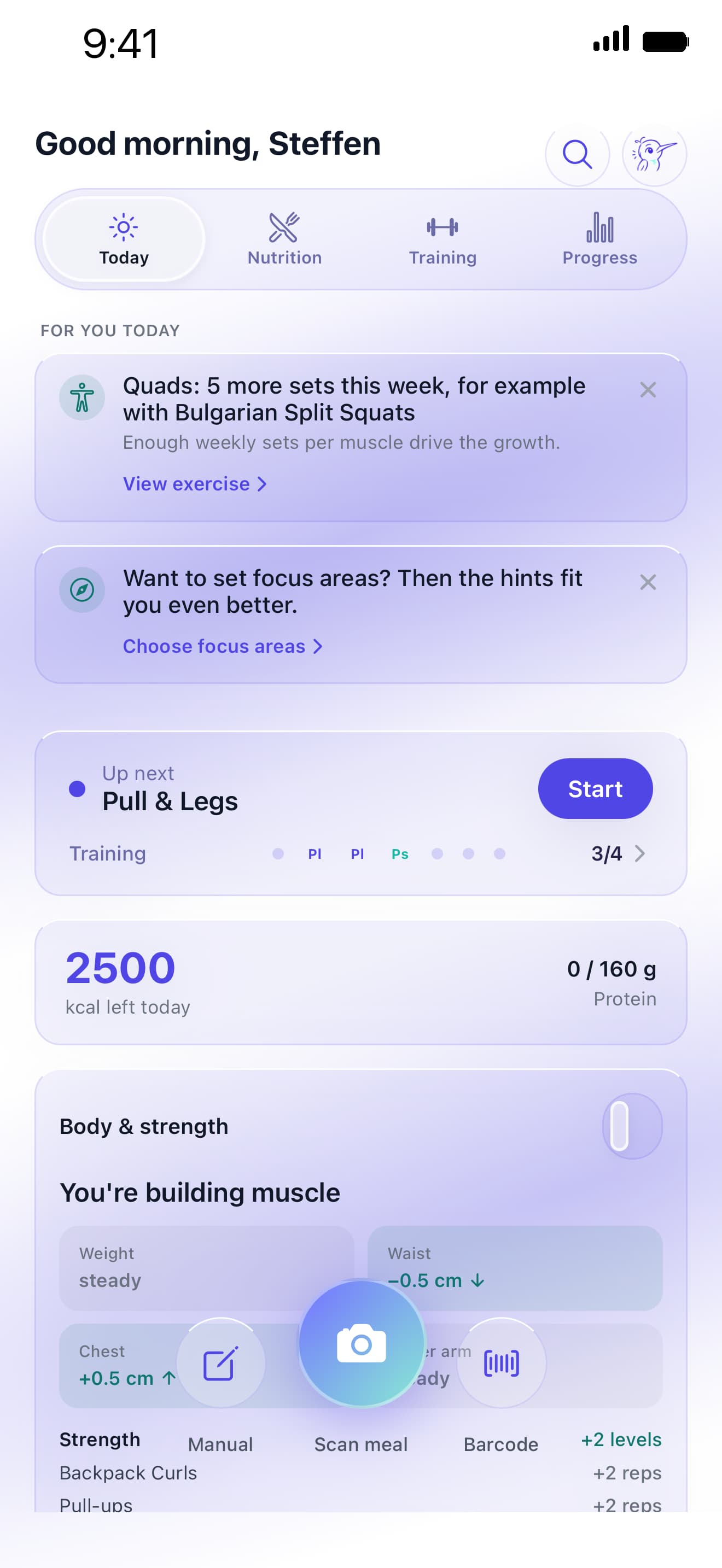 Kolibi today screen with calories and the meal scan buttons
