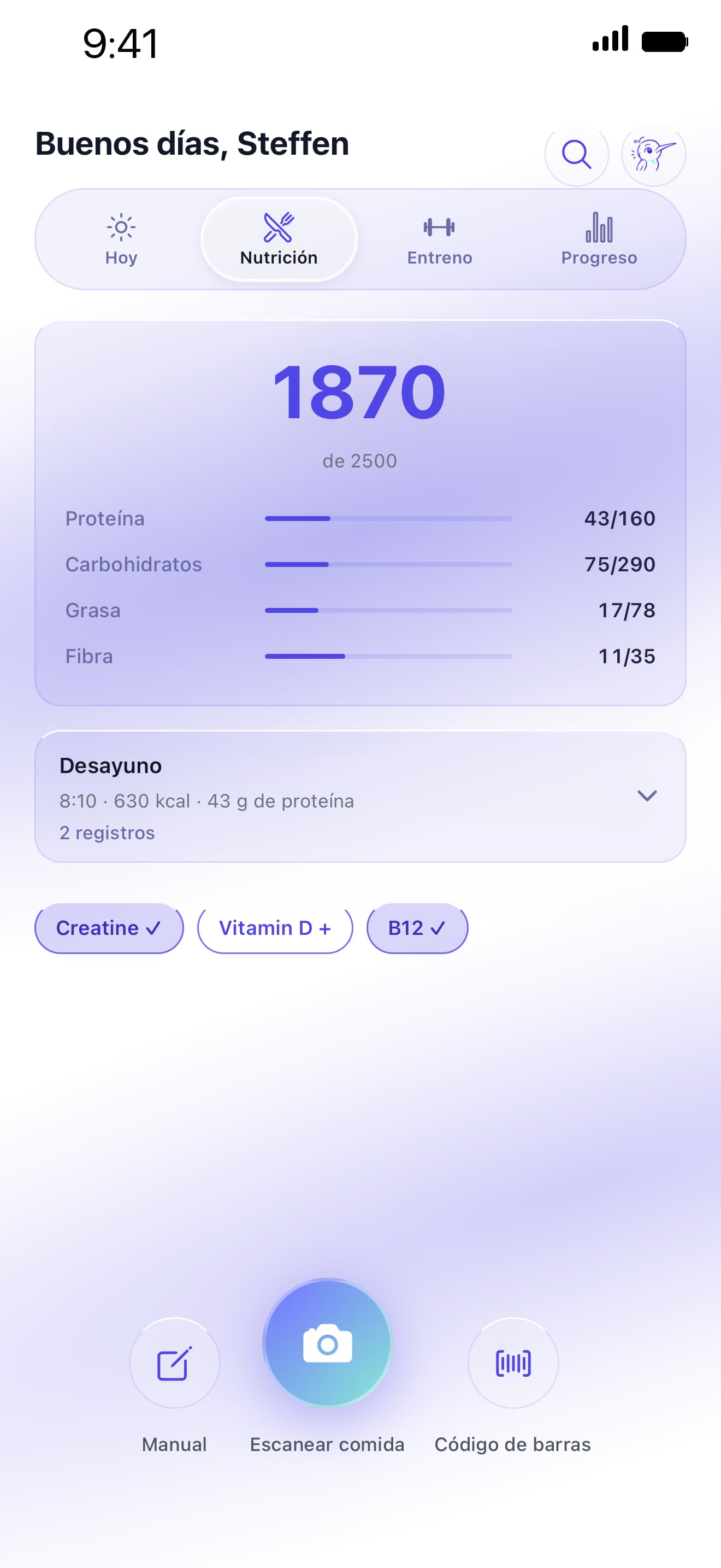Pantalla de nutrición de Kolibi con macros