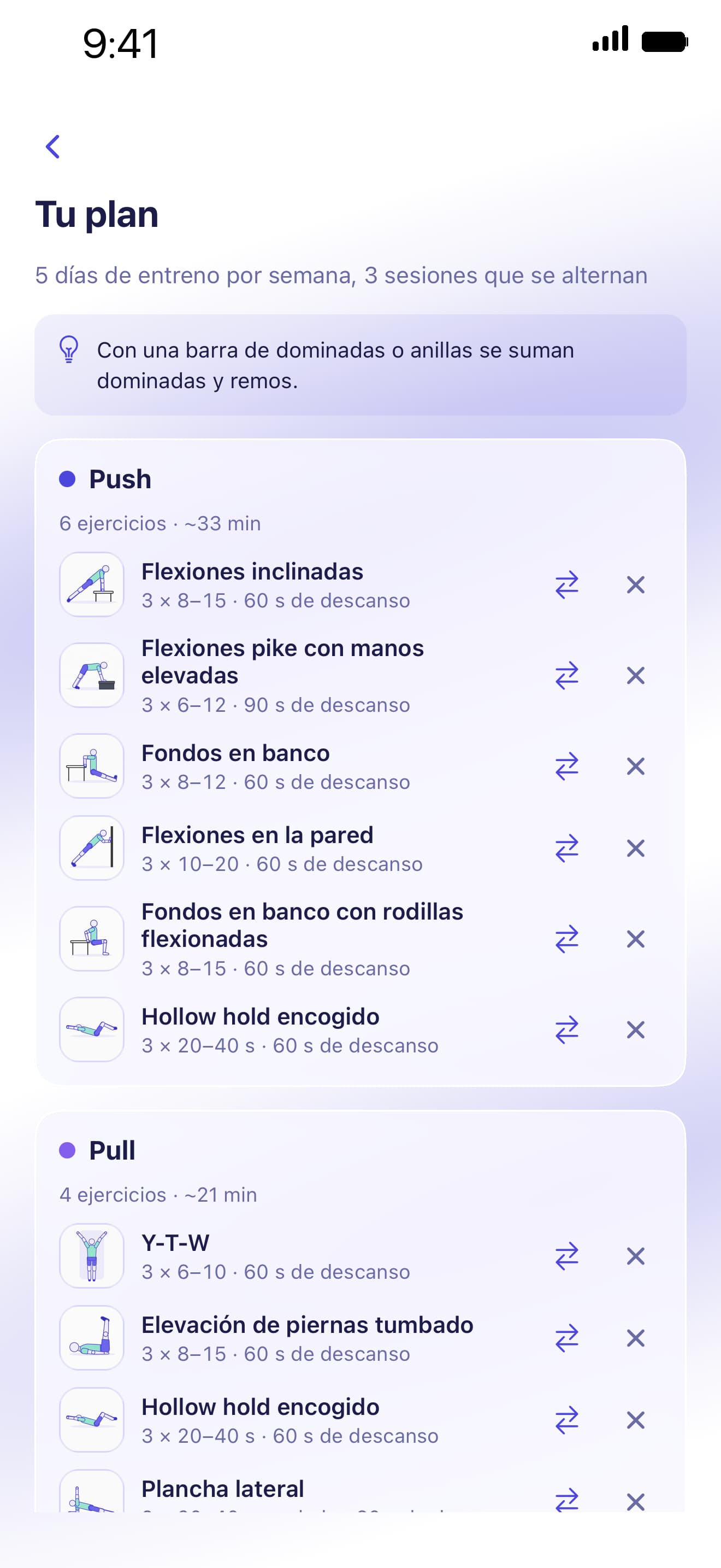 Pantalla de Kolibi con el plan de entrenamiento semanal