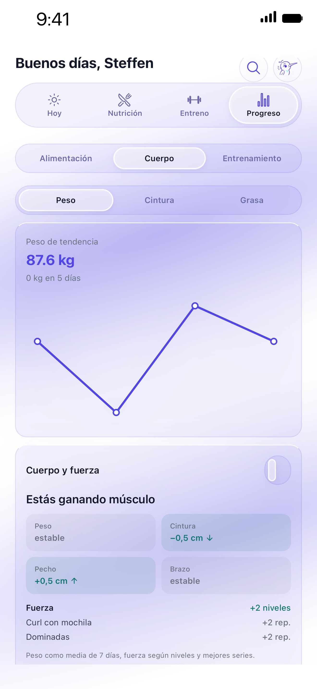 Pantalla de progreso de Kolibi con peso y fuerza