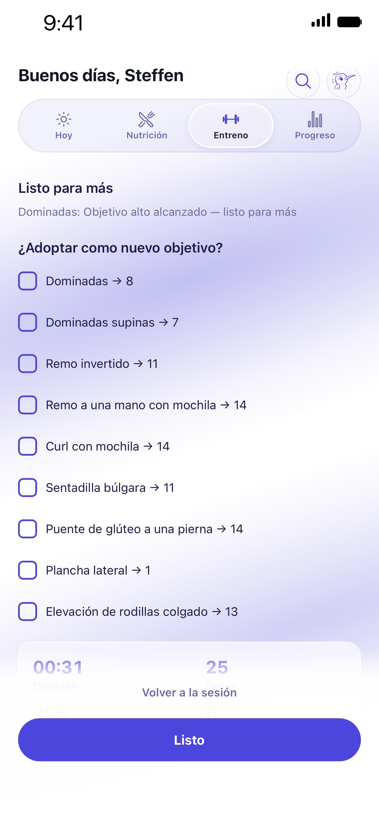 Pantalla de Kolibi que muestra preparación para el siguiente nivel