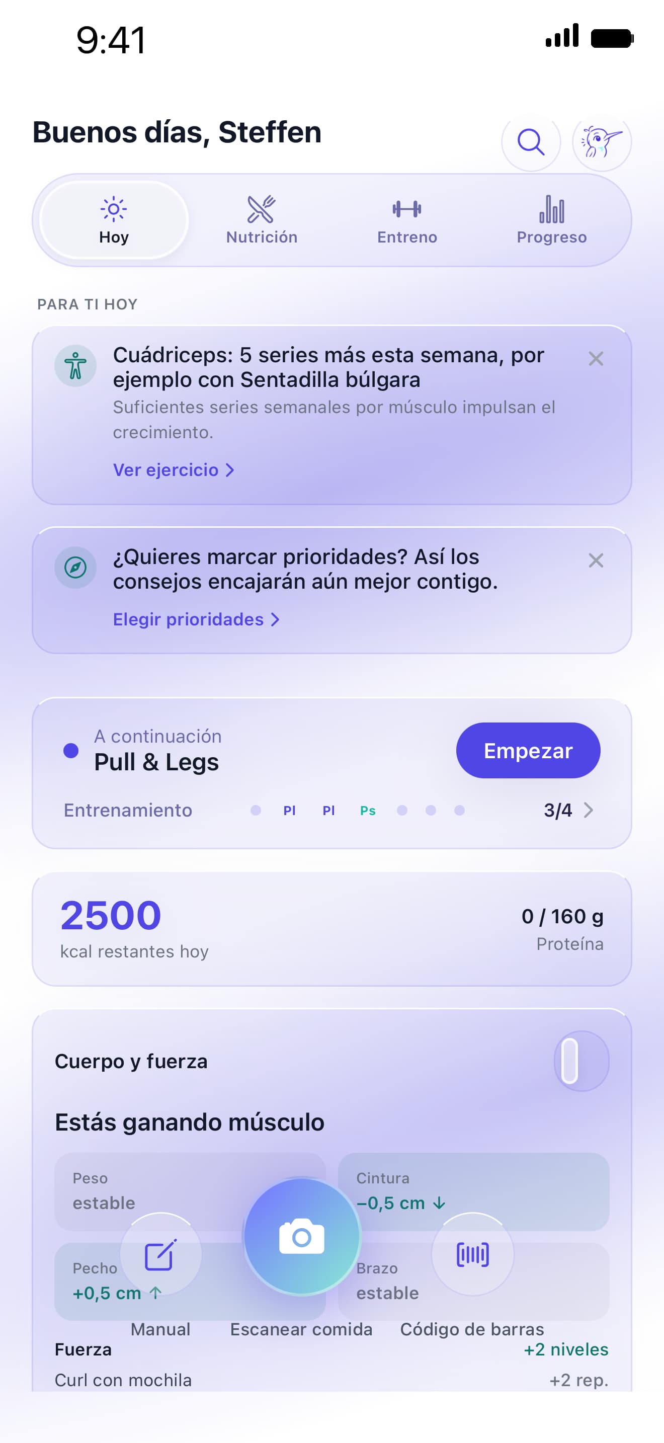 Pantalla de hoy de Kolibi con calorías y los botones de escaneo
