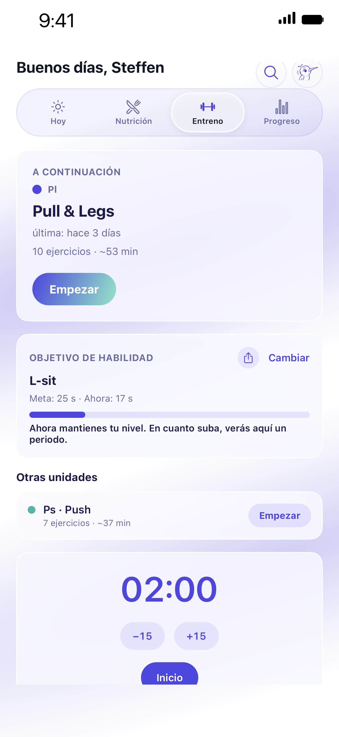 Pantalla de sesión de entrenamiento activa en Kolibi