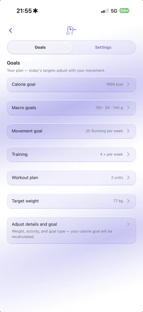 Pantalla de objetivos de Kolibi con calorías y macros y cómo se calcula cada valor